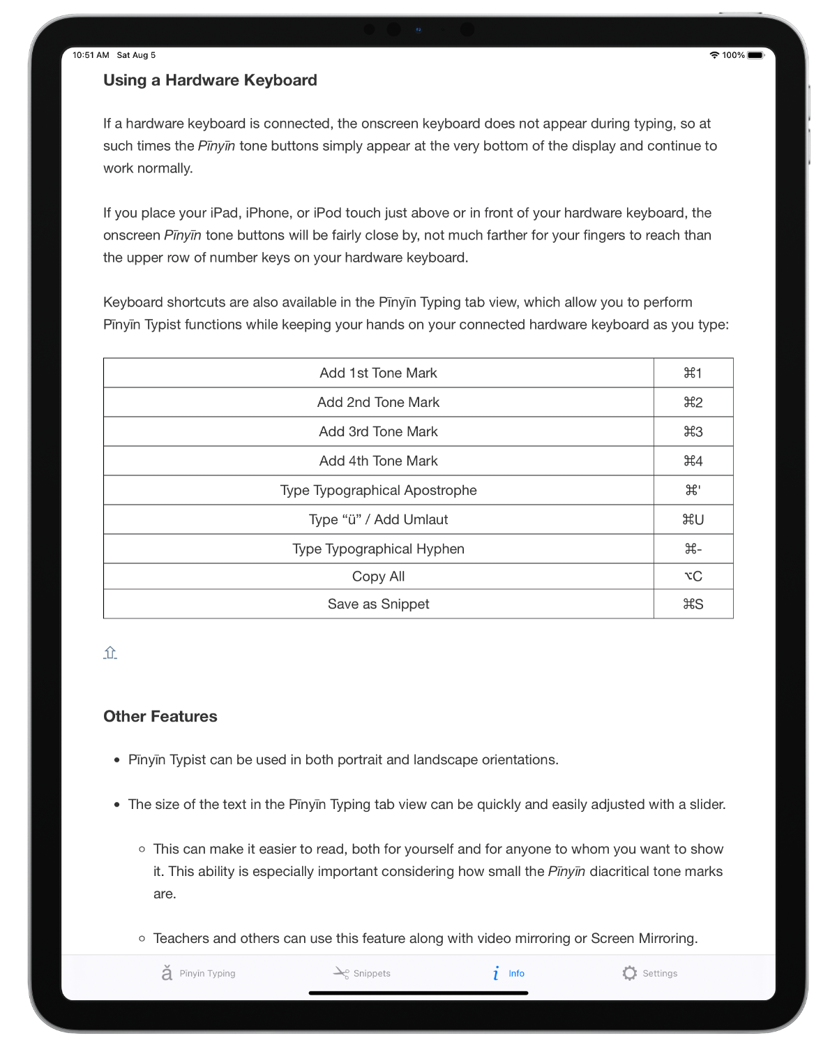 Screenshot: iPad; Info tab view; using a hardware keyboard; keyboard shortcuts
