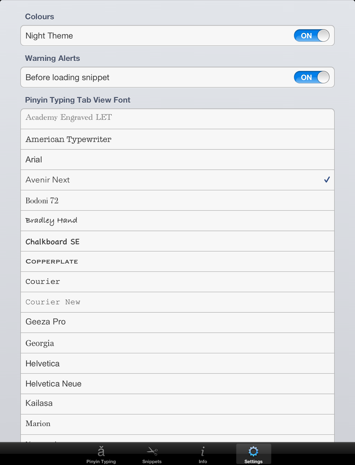 Screenshot: Settings tab view (top part)